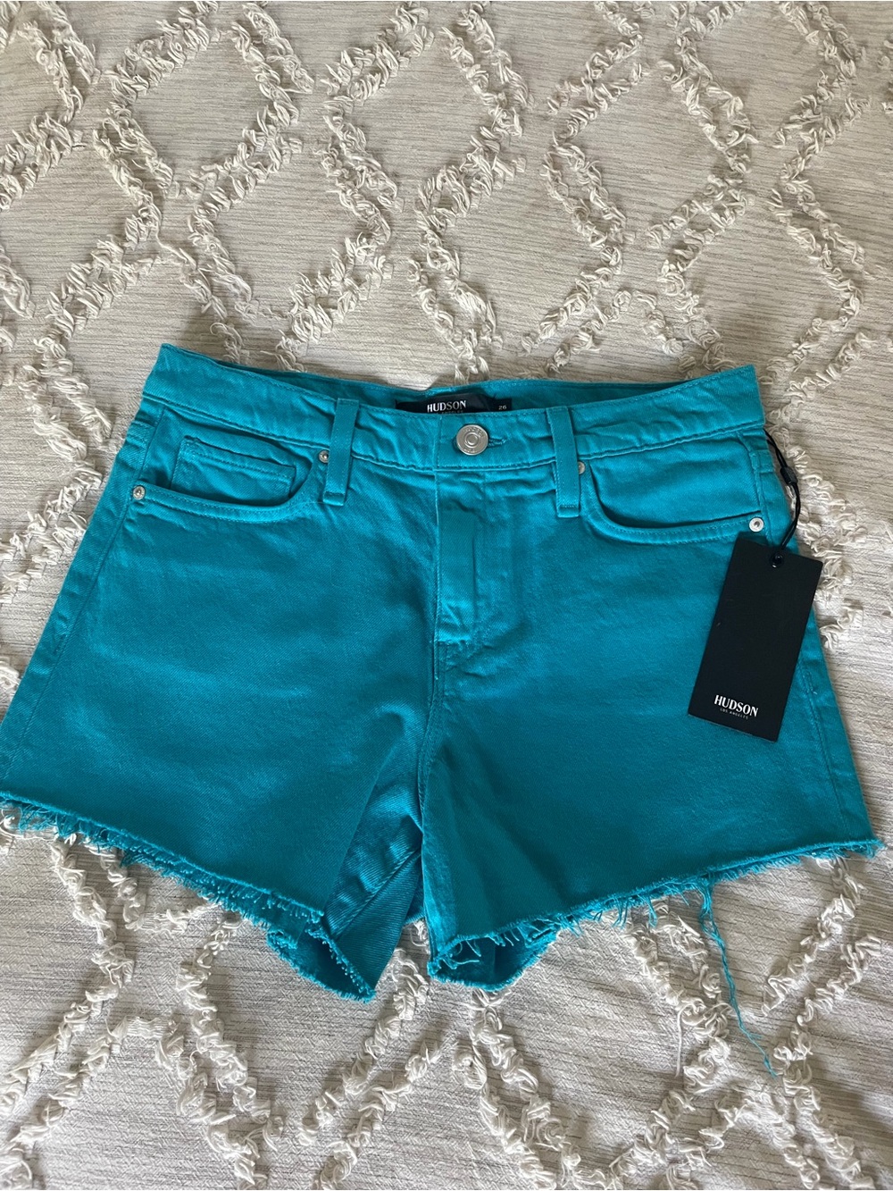 Hudson Jeans Teal High-Rise Frayed Hem Shorts